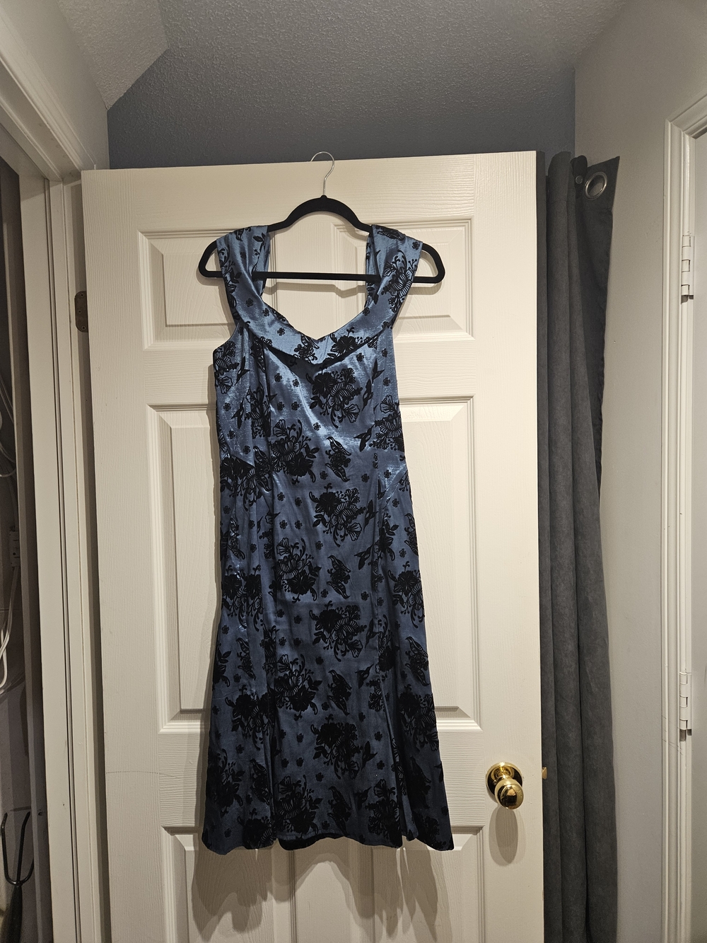 Vintage Voodoo Vixen Blue and Black Floral Velvet-Print Mini Dress